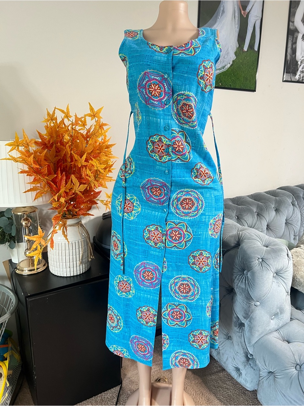 Sleeveless Turquoise Medallion-Print Midi Dress